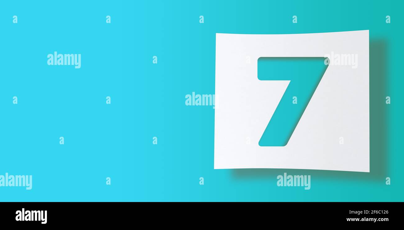 3D render numbers collection: No.7,seven cut out on white square paper on turquoise background. Smooth drop shadow and large copy space. Illustration Stock Photo
