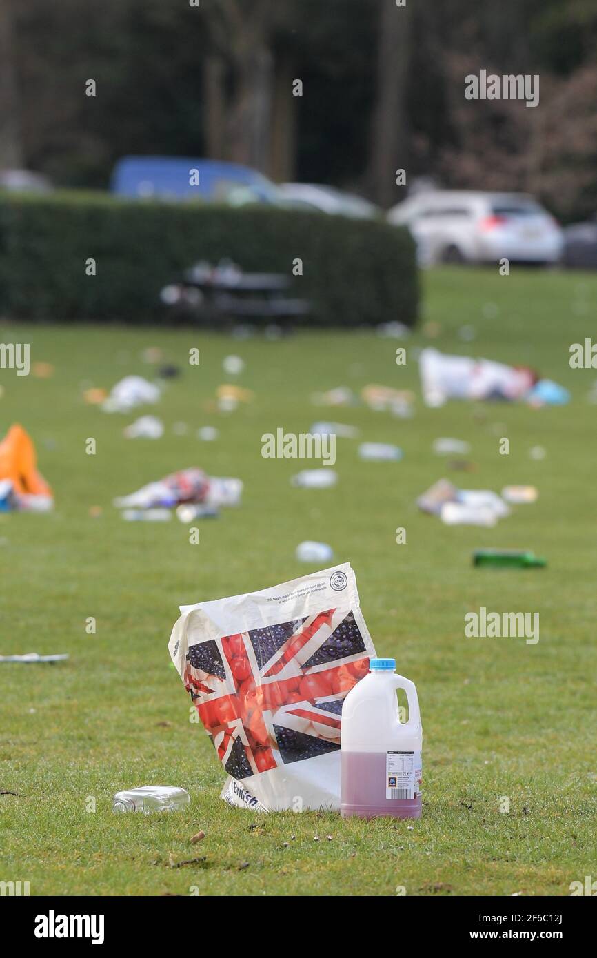 Birmingham, West Midlands, UK. 31st Mar, 2021. A sea of litter was left strewn across Cannon Hill Park this morning after scores of people came to sunbathe in yesterday's record breaking March temperatures. Glass bottles, hippy crack gas cannisters and BBQ's were dumped on the grass. A Canada Goose waddled through the heart breaking mess in almost disbelief at what its home has become. Waste bins were also overflowing with trash. Pic by Credit: Sam Holiday/Alamy Live News Stock Photo