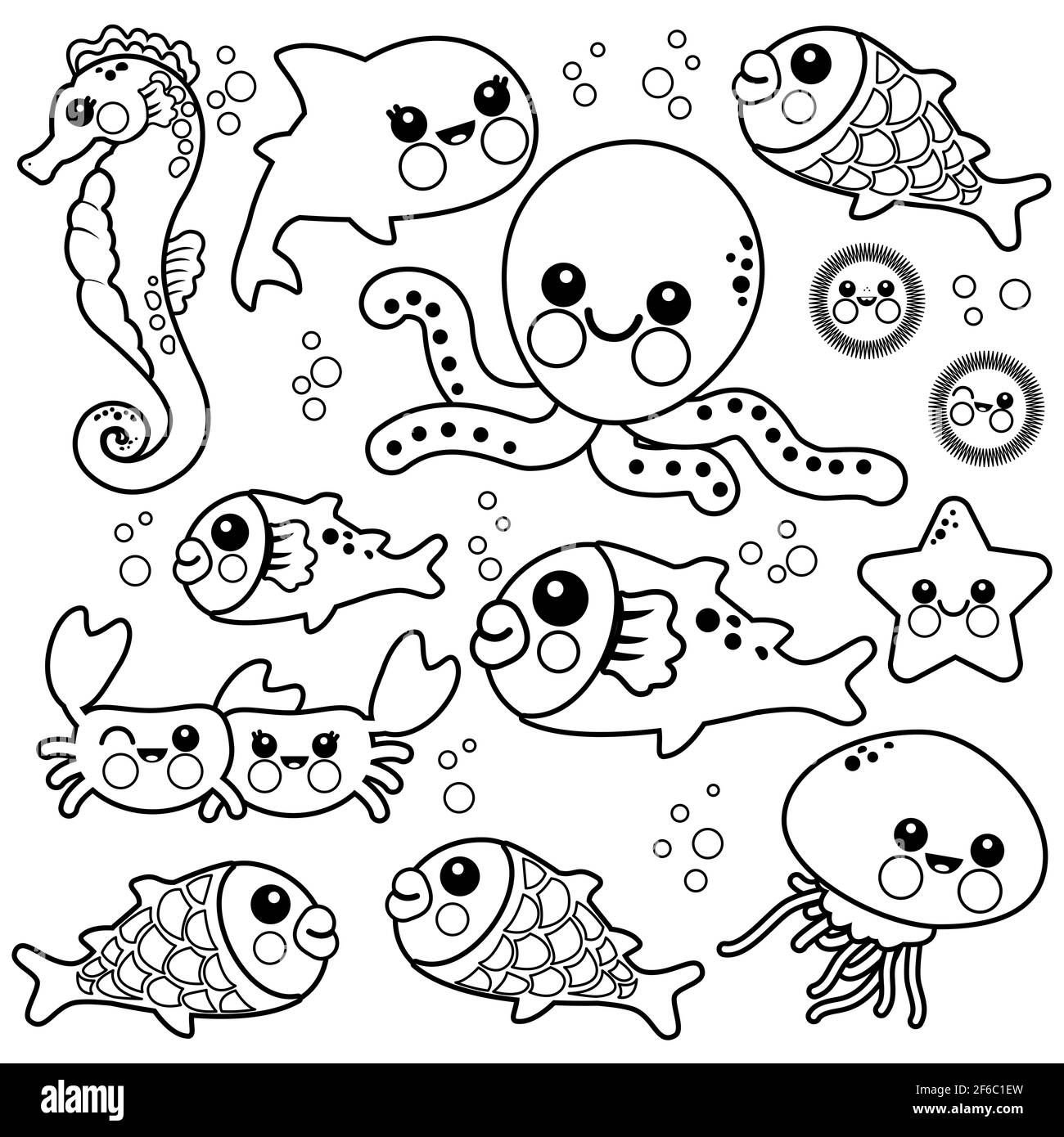 Sea animals swimming in the sea. Black and white coloring page. Stock Photo