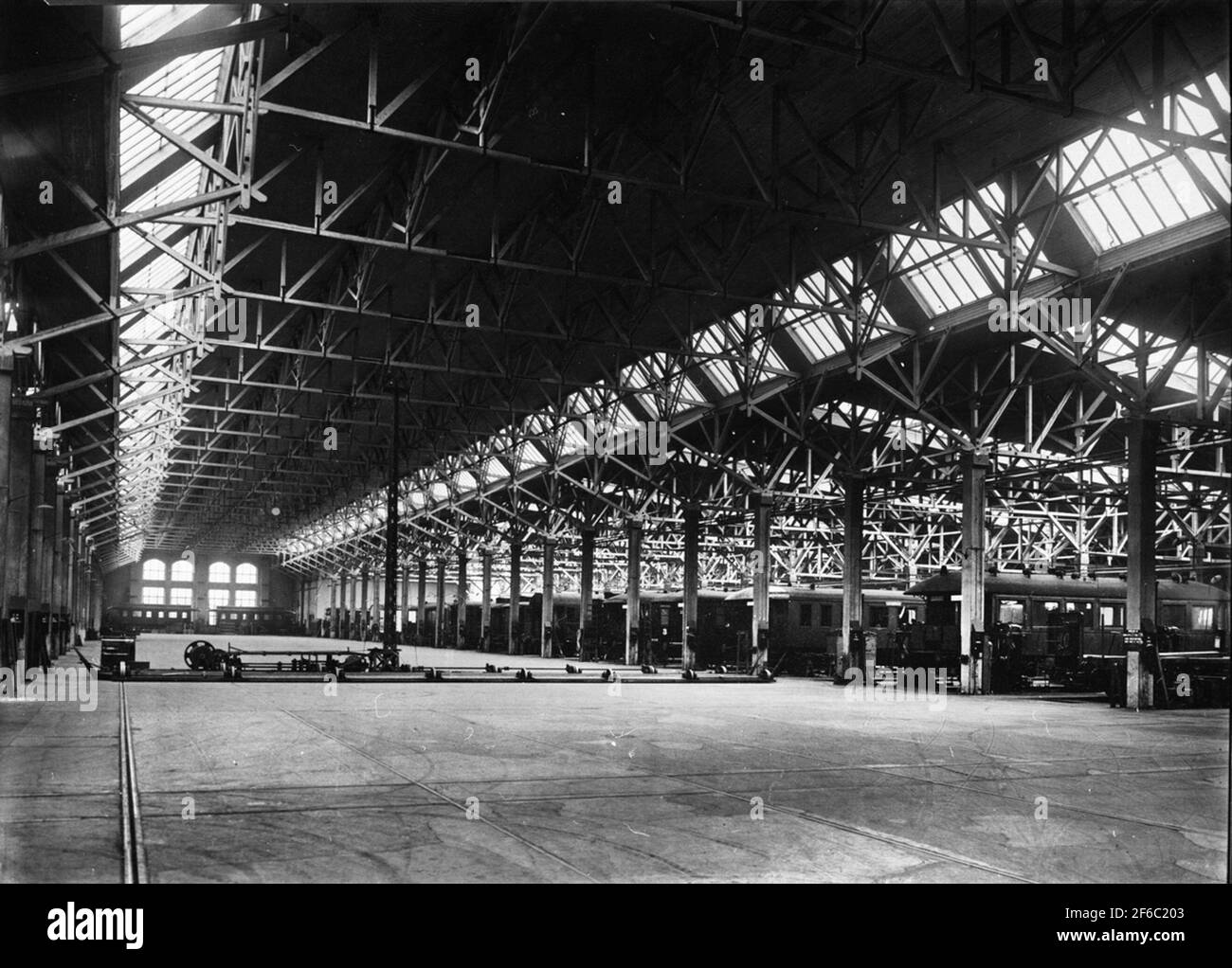 Mounting hall, carriage workshop with floor traversen. Stock Photo