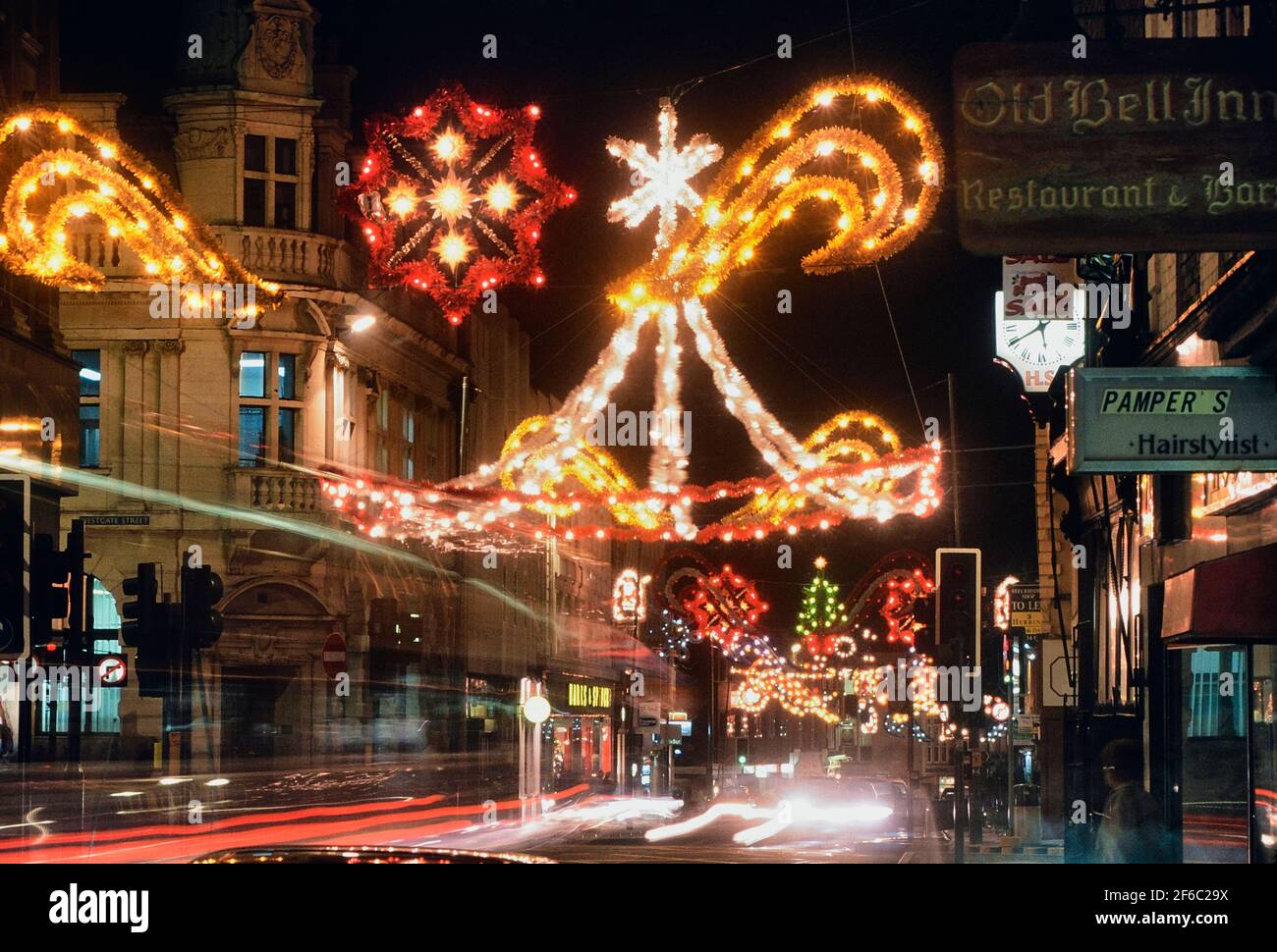 Christmas decorations & lights along Southgate Street, Gloucester, Gloucestershire, England, UK. 1990 Stock Photo
