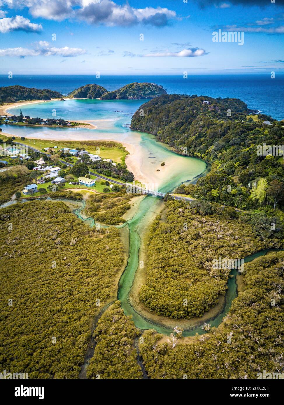 Drone view of turquoise river winding among trees and leading to sea ...