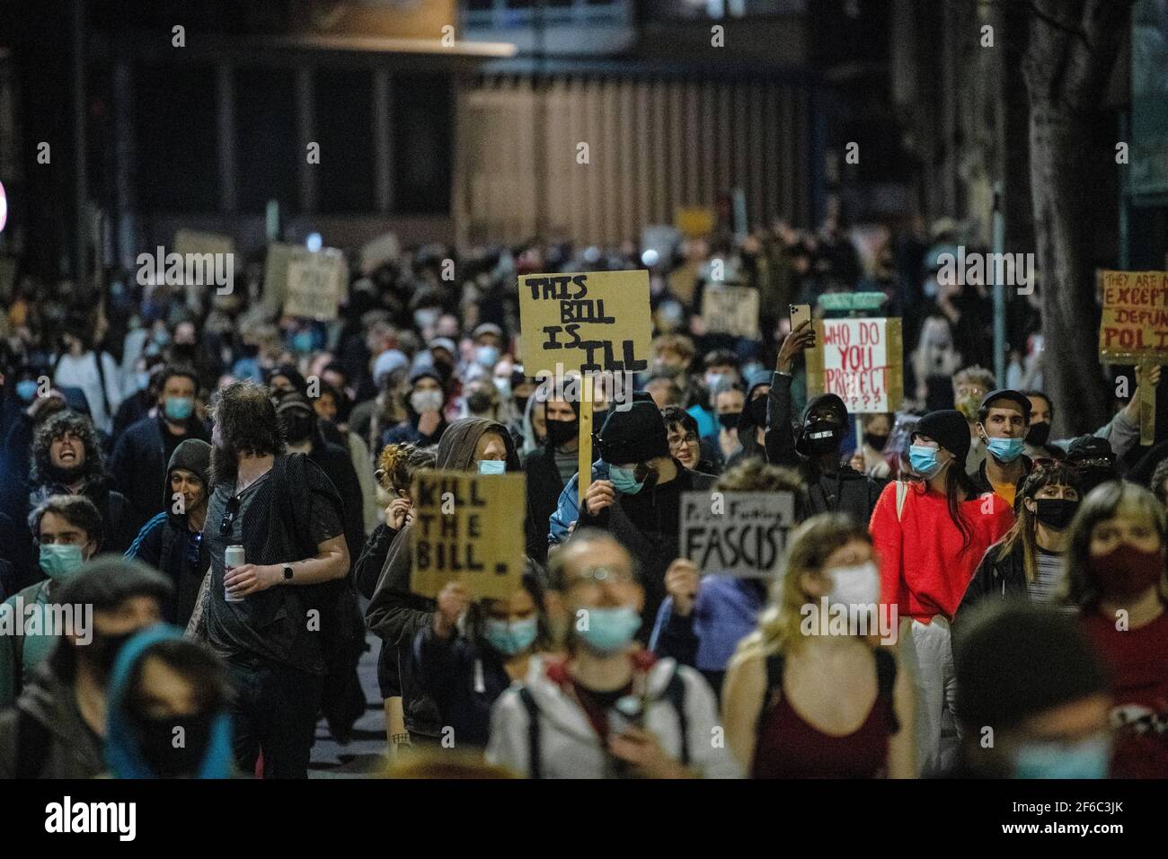 People take part in a 'Kill The Bill' protest in Bristol against The Police, Crime, Sentencing and Courts Bill. Stock Photo