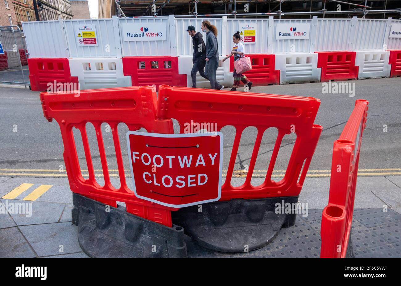 Sign saying the footway is closed in Liverpool City Centre Stock Photo