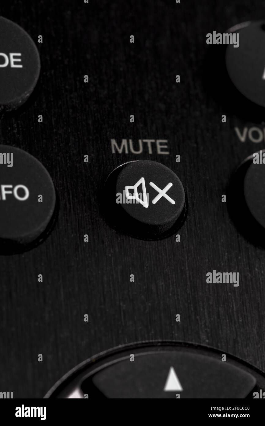 Close-up of Mute button (on - off audio) on remote control for TV and audio  in black color Stock Photo - Alamy