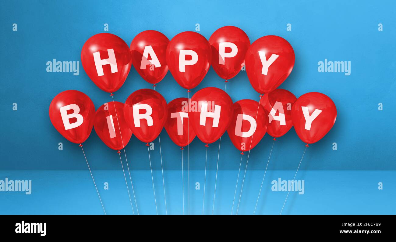 Red happy birthday air balloons on a blue background scene. Horizontal Banner. 3D illustration