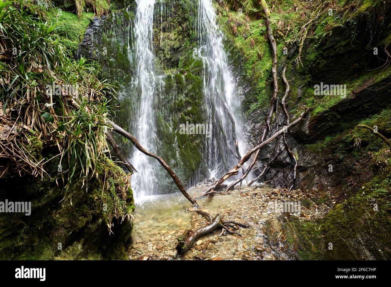 The twin waterfalls at Dhoon Glen known as the Inneen Vooar or Big Girl is one of the largest on the Isle of Man falling 130ft in two drops Stock Photo