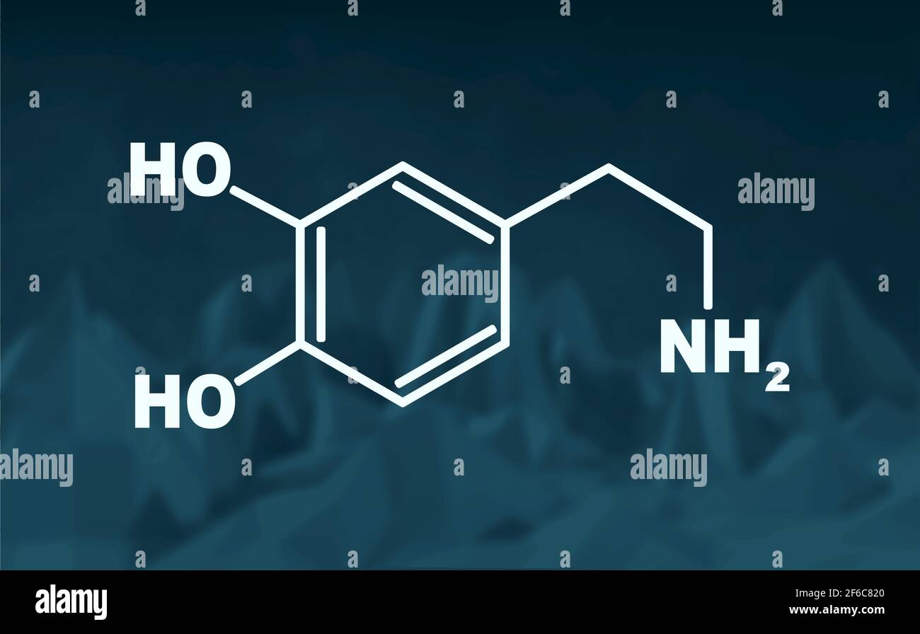 Chemical molecular formula hormone dopamine. Infographics illustration. Low poly backdround. Low poly mountains landscape backdround. Stock Vector