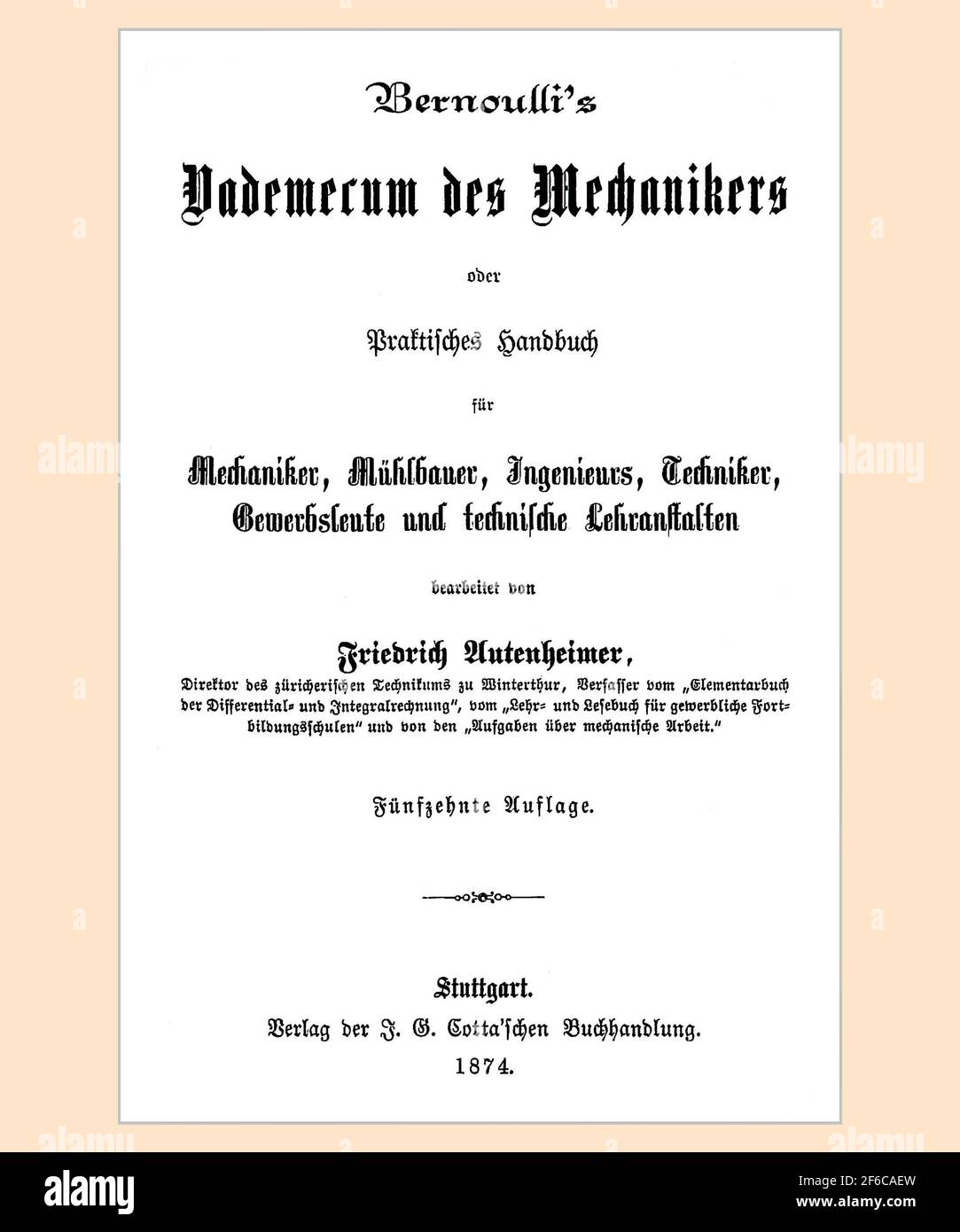 Daniel Bernoulli 1700-1782 Title Page in German Stuttgart 1874 Stock Photo