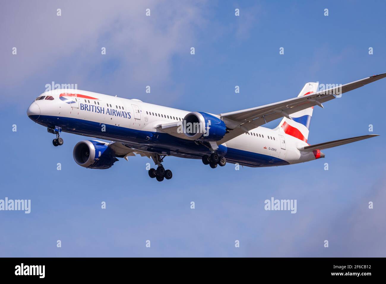 British Airways Boeing 787 Dreamliner jet airliner plane G-ZBKB on finals to land at London Heathrow Airport, UK. BA airplane approach to landing Stock Photo