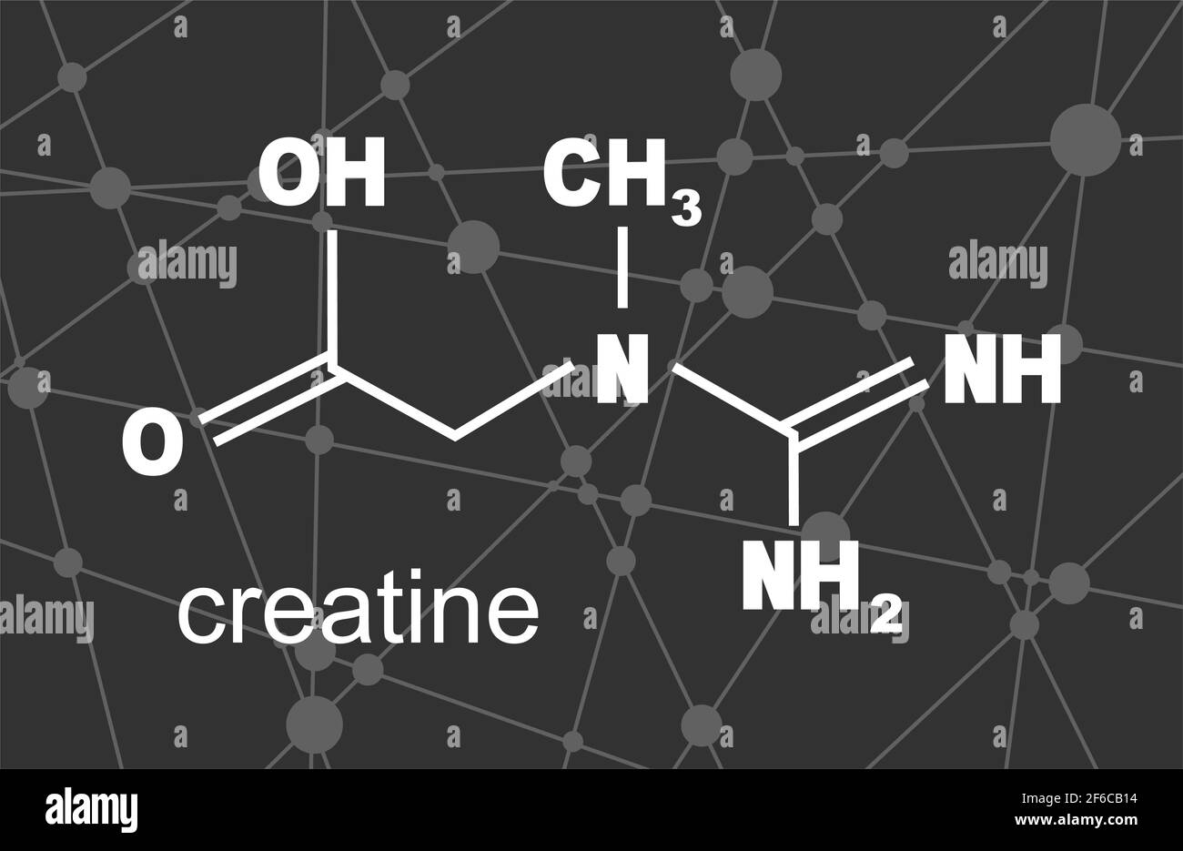 Chemical formula of creatine. Lines and dots connected background Stock