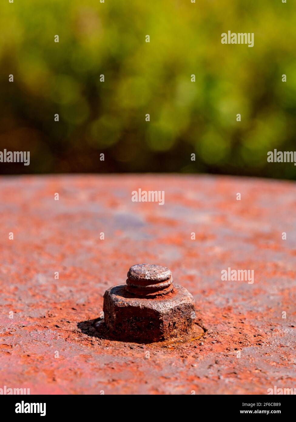 Rusty nut on old iron plate - blurred background Stock Photo