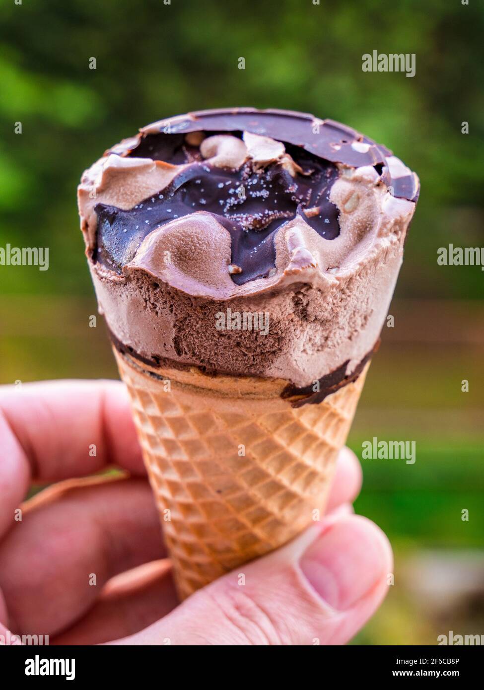 Chocolate ice cream cone held against a greenery in the background Stock Photo Alamy