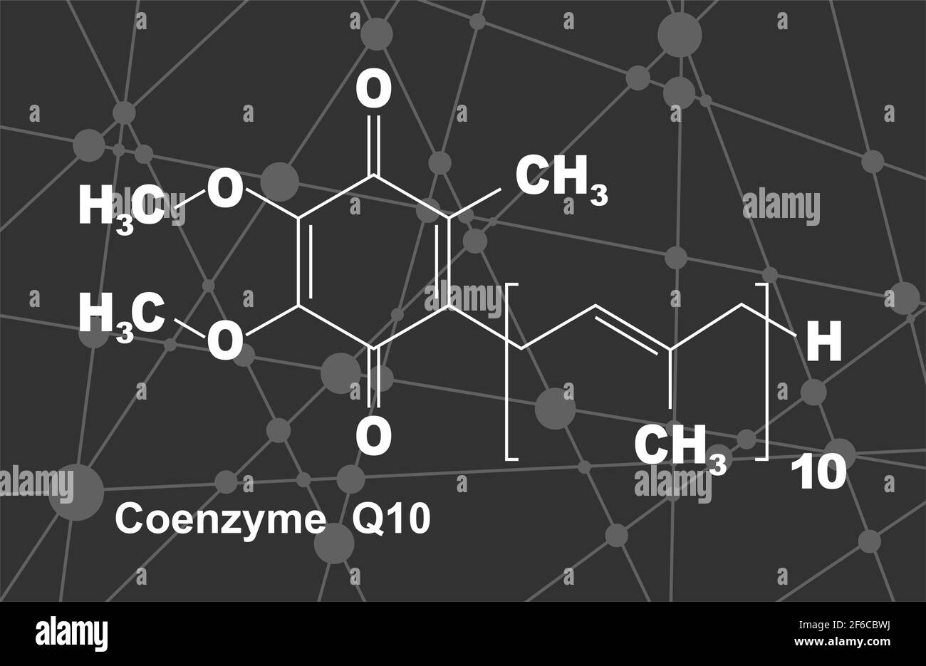 Coenzyme Q10 molecule, chemical structure. Production of cellular energy. Lines and dots connected background Stock Vector