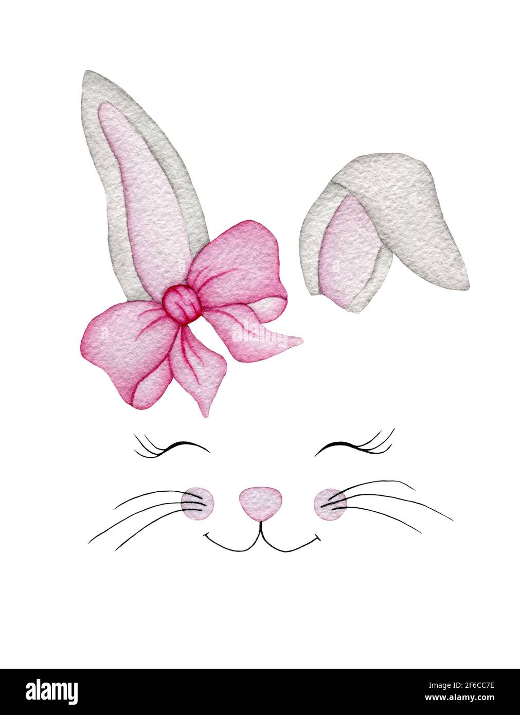 Cartoon smiling rabbit face with pink bow isolated on white, watercolor animal illustration,cute Easter bunny girl face,hand painted Easter decoration Stock Photo