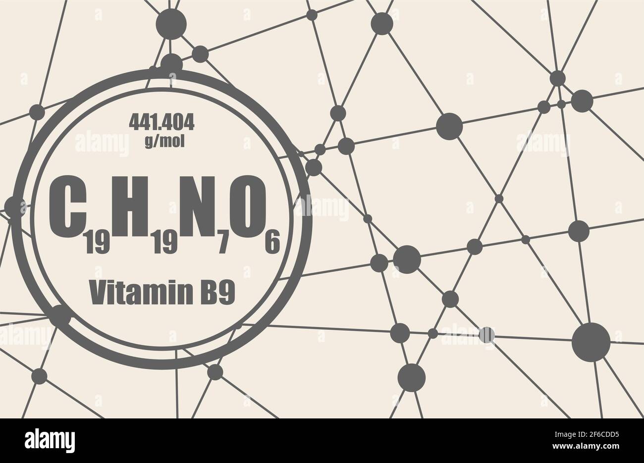 Chemical formula of vitamin B9 or folic acid. Connected lines with dots background. Stock Vector