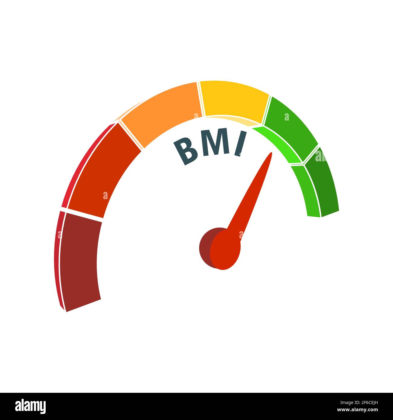 Body mass index meter read level result. Color scale with arrow from red to green. The measuring device icon. Colorful infographic gauge element. Stock Vector
