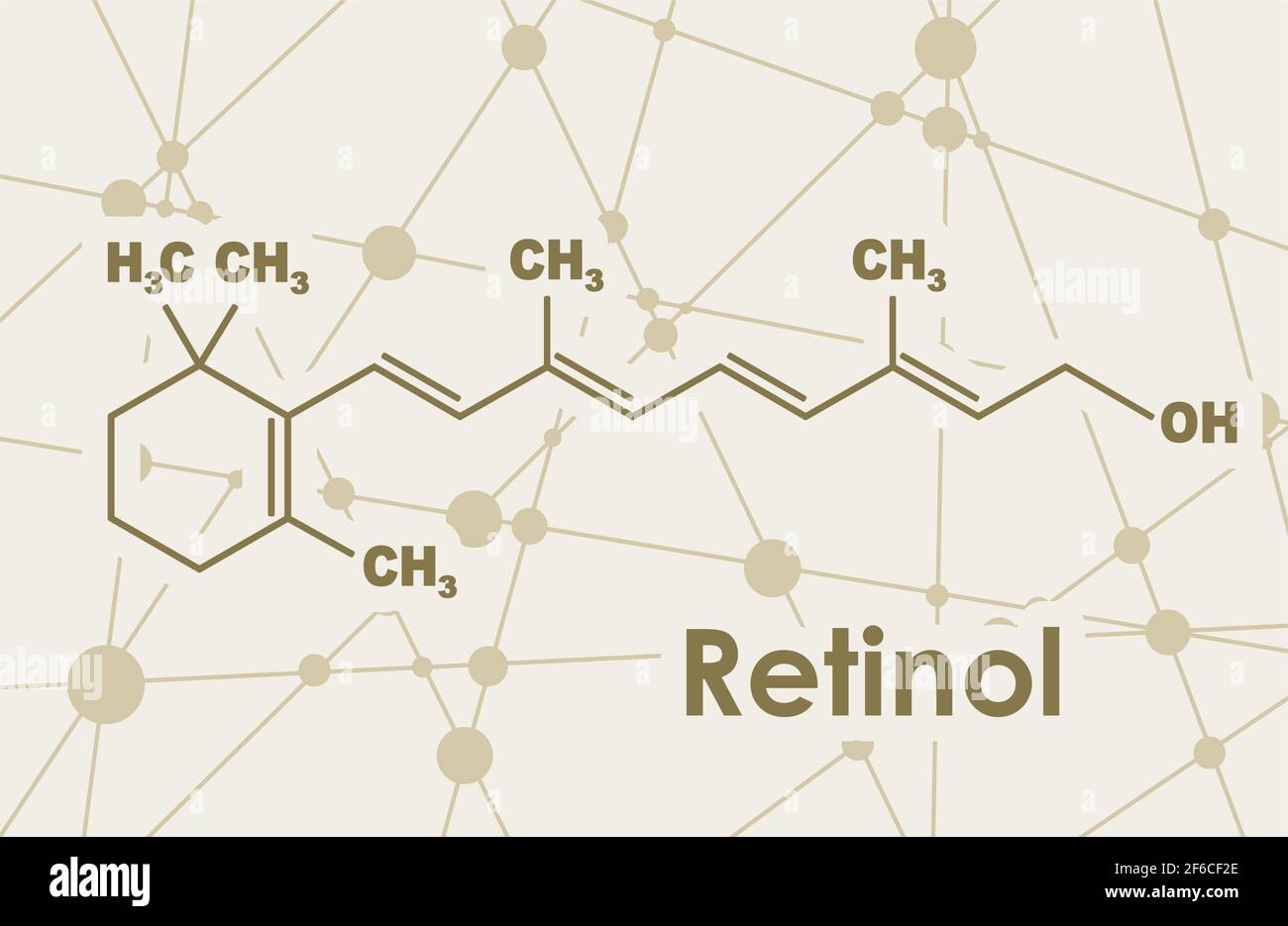 Vitamin A retinol molecule. Skeletal formula. Connected lines with dots background. Stock Vector