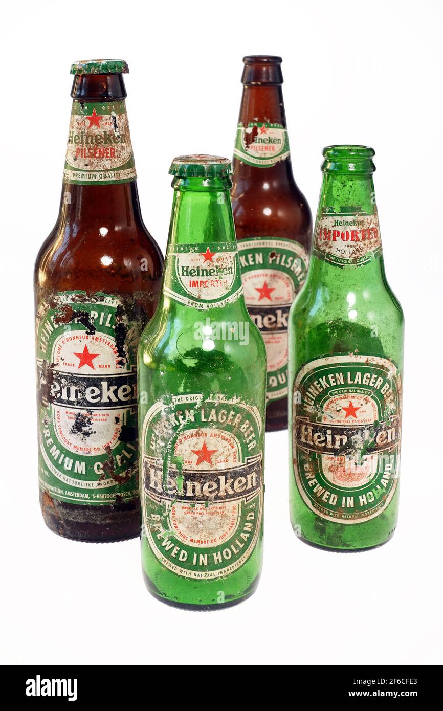 Old beer bottles with corroded label Stock Photo