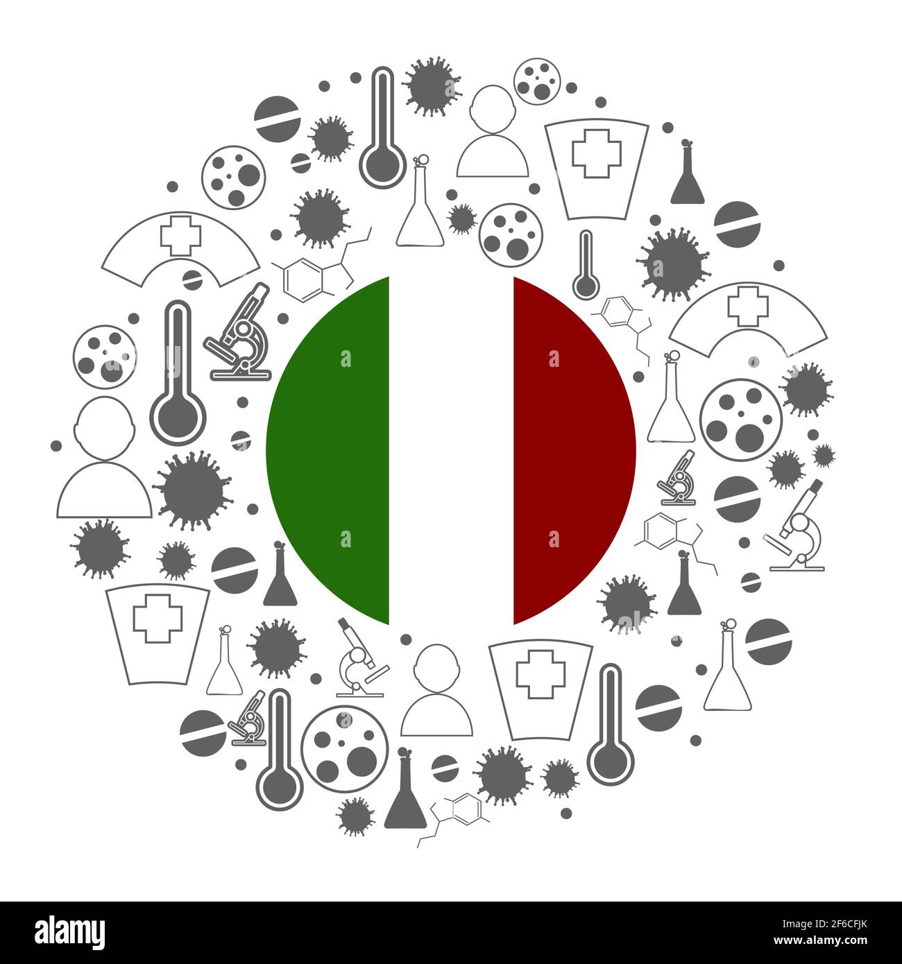 Circle frame with medicine icons and tags. Coronavirus virus danger relative illustration. Flag of the Italy Stock Vector