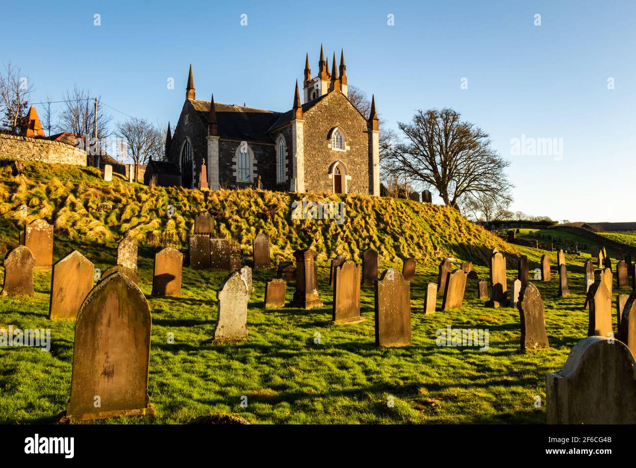 Dalry Parish Church and Graveyard at sunset, Dumfries and Galloway, Scotland Stock Photo