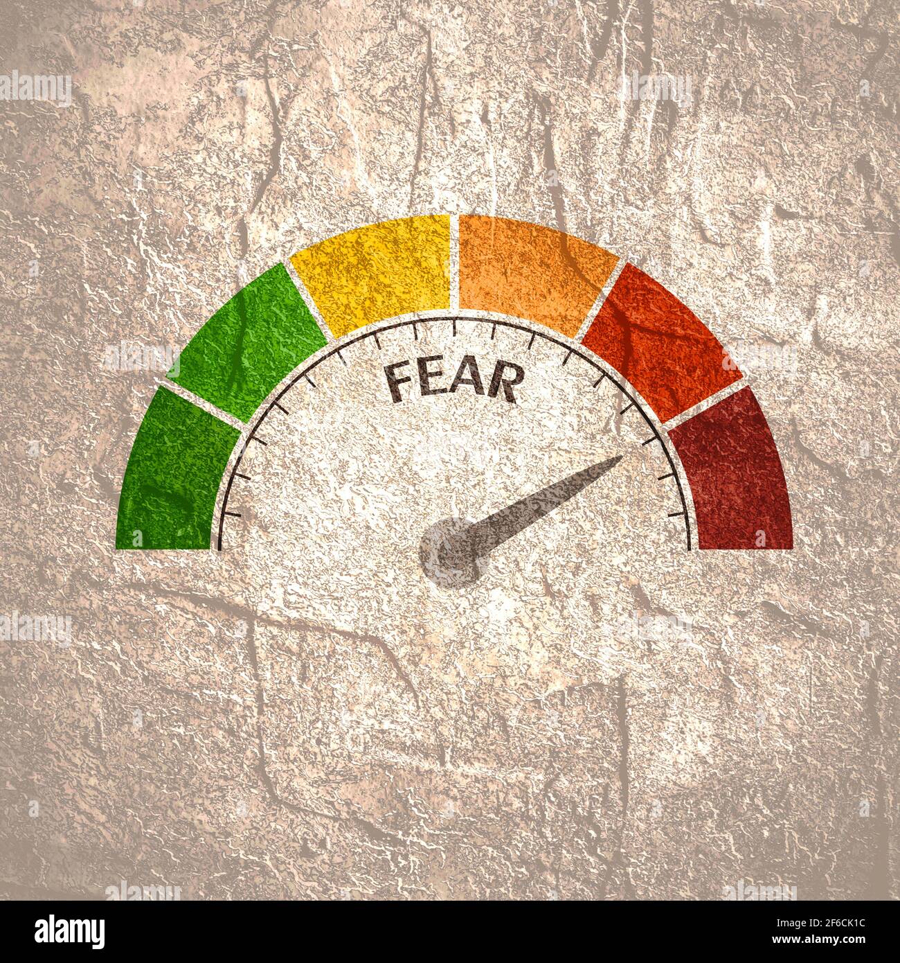 Fear level conceptual meter indicating maximum.Color scale with arrow from green to red. Sign tachometer, speedometer, indicators. Colorful infographi Stock Photo
