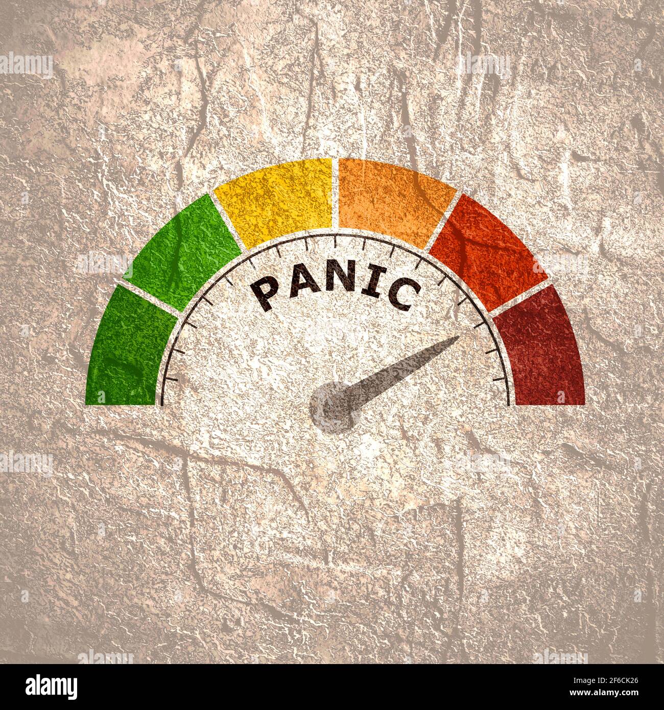 Panic level conceptual meter indicating maximum.Color scale with arrow from green to red. Sign tachometer, speedometer, indicators. Colorful infograph Stock Photo