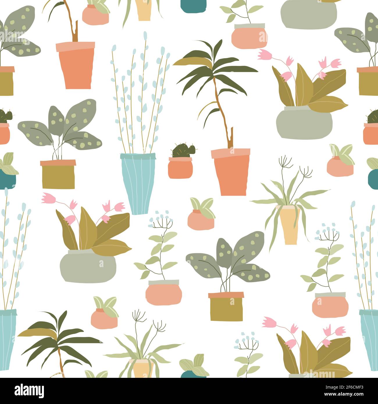 Seamless pattern with exotic house plants on white background Stock Vector