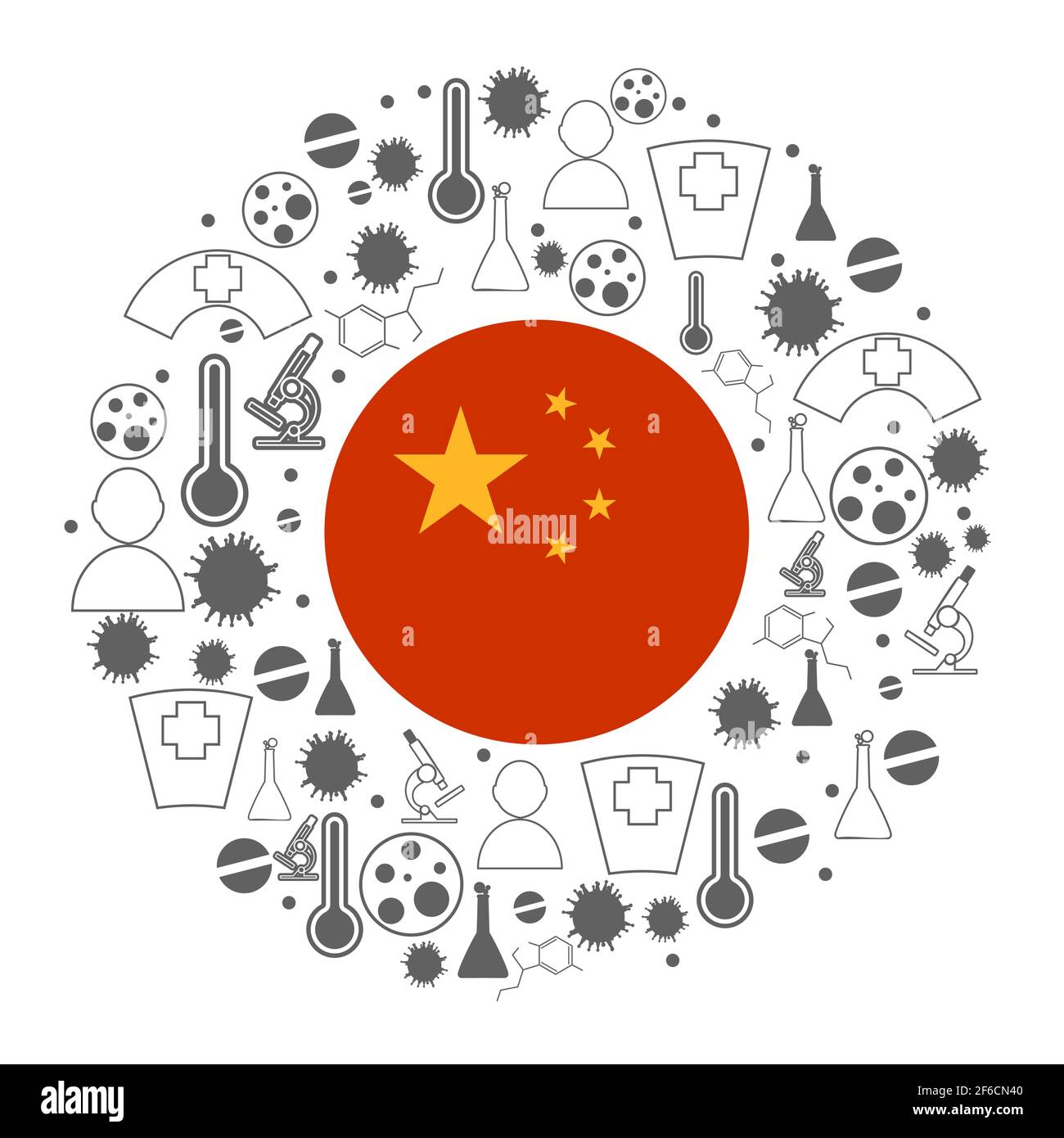 Circle frame with medicine icons and tags. Coronavirus virus danger relative illustration. Flag of the China Stock Vector