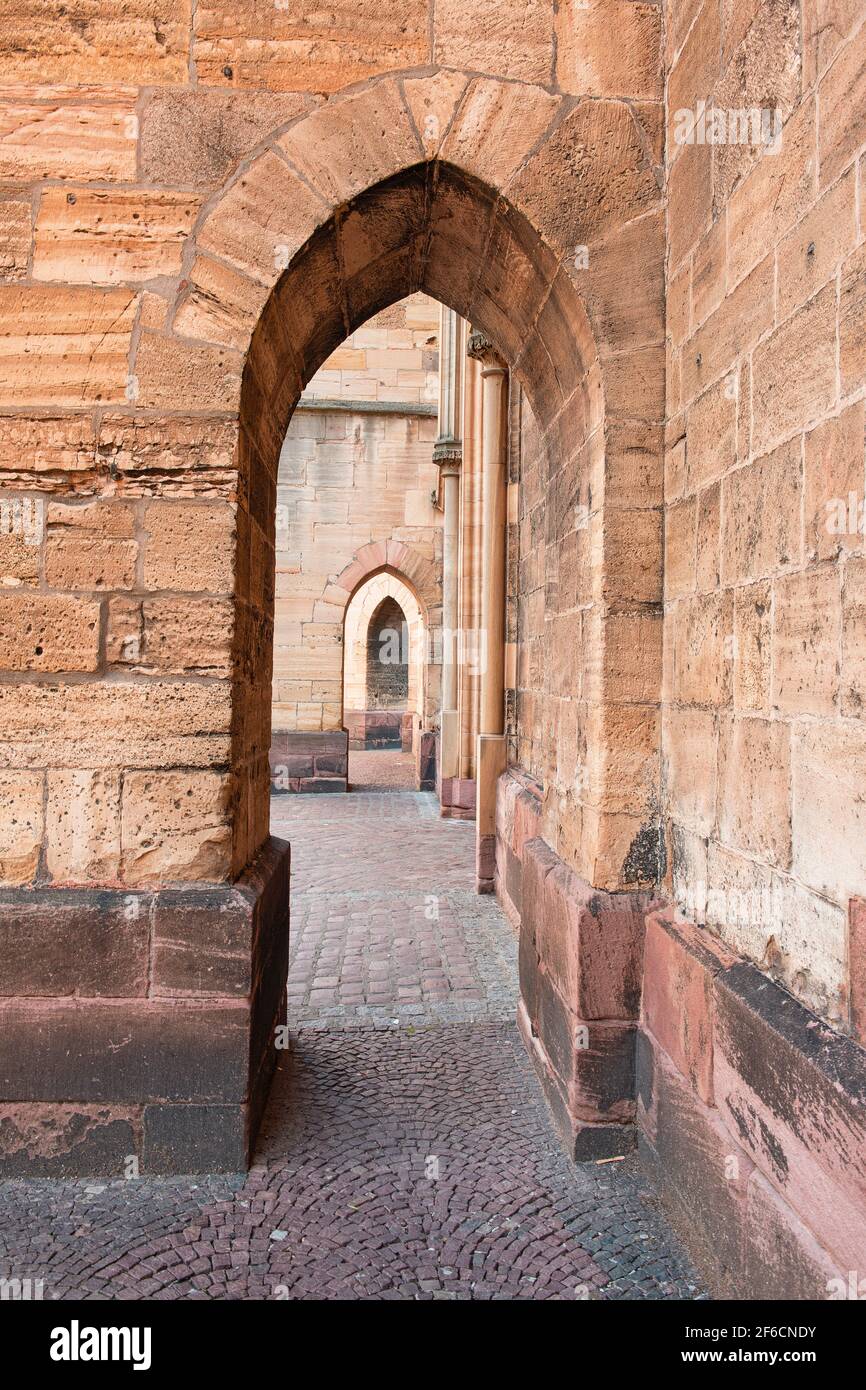 Ancient stone arches of the St Martin's church in Colmar Stock Photo