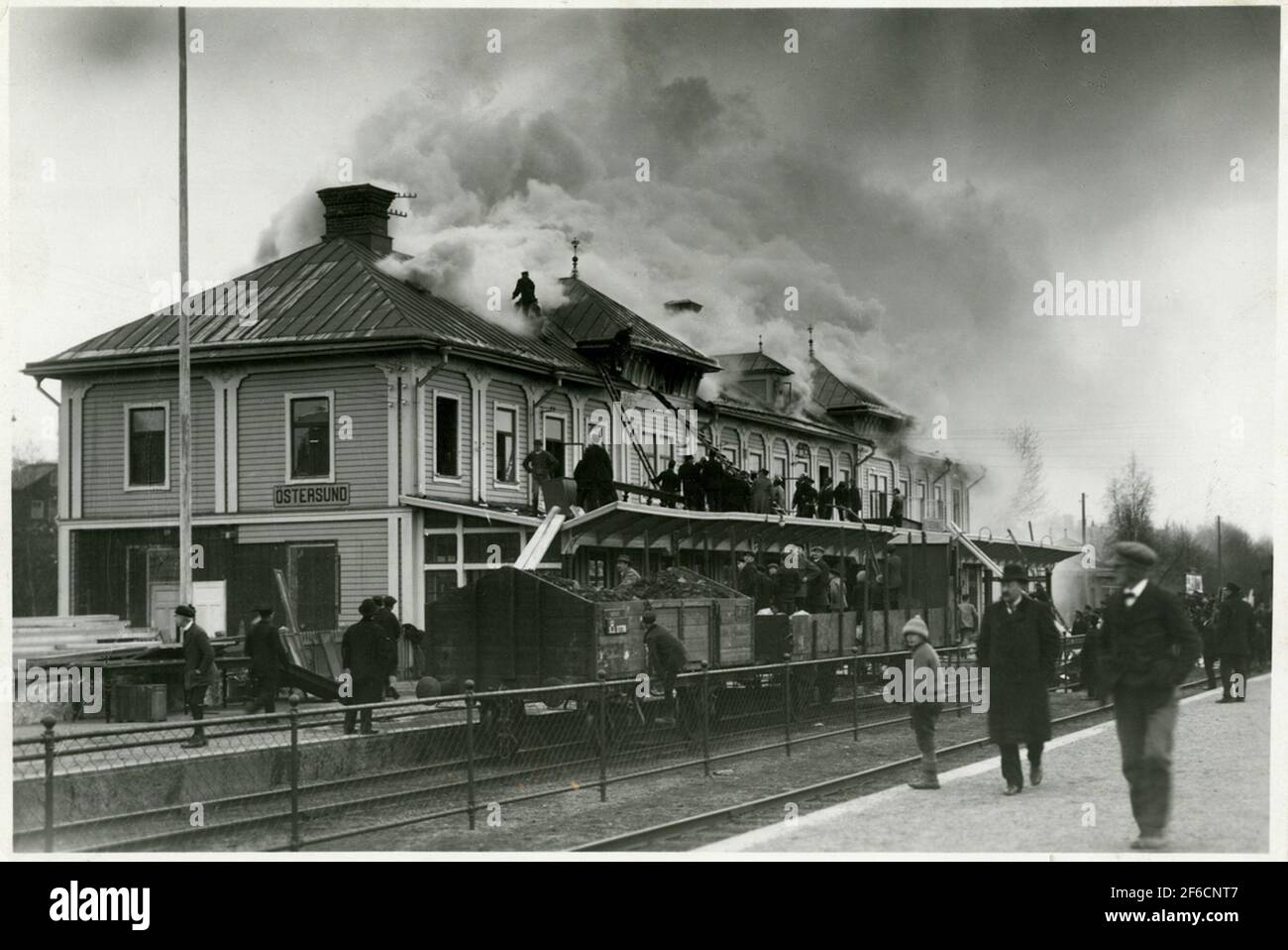 Östersund station beneath the fire. The state railways, SJ freight wagon 0778. Stock Photo