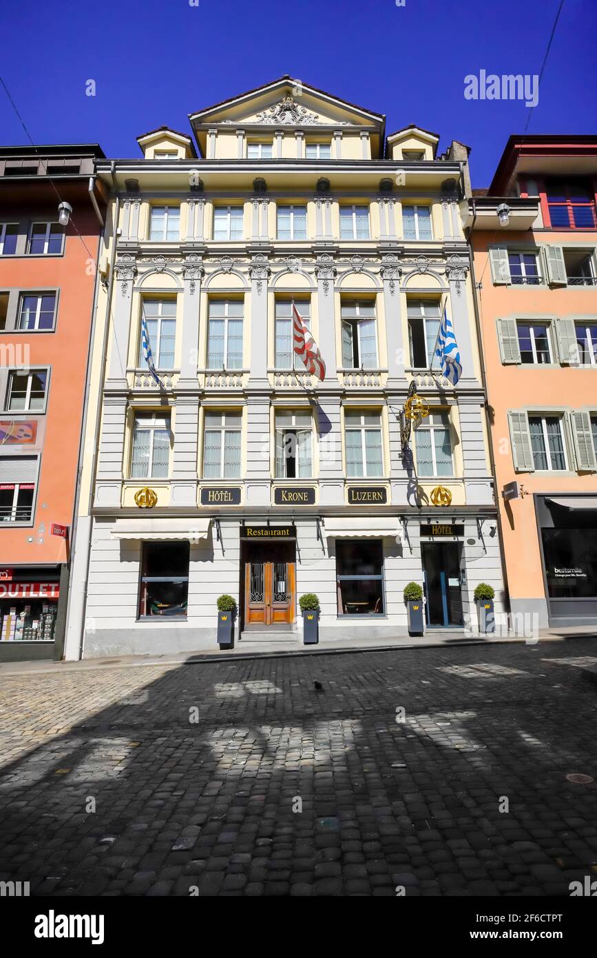 Altstadt Hotel Krone  by wonderful Hirchenplatz, former Pork market from late middle ages, Lucerne (Luzern), Canton Lucerne, Switzerland. Stock Photo