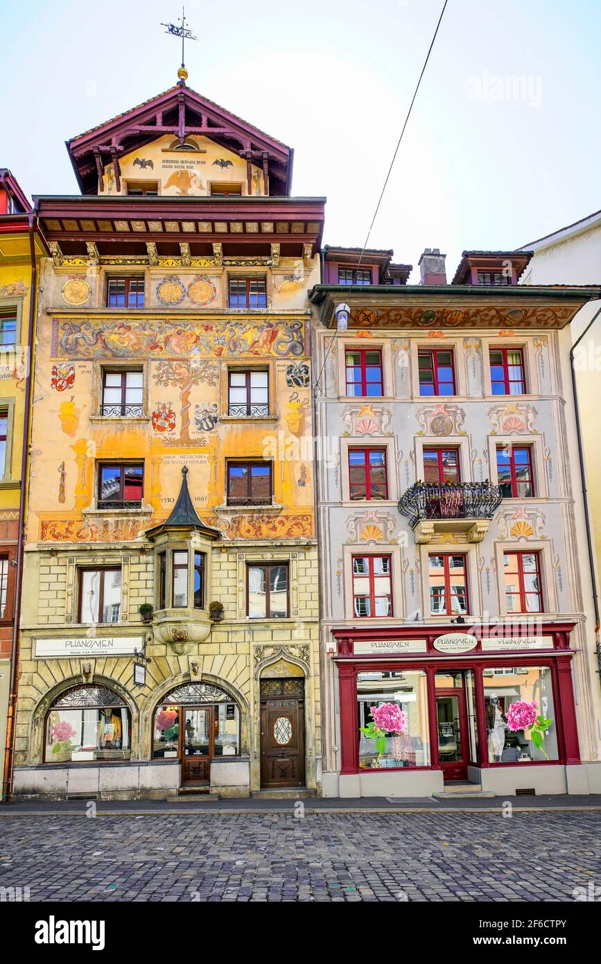 Historic pharmacy Müllersche Apotheke buildings by Wine Market in Lucerne dating from 1530, Lucerne, Canton Lucerne, Switzerland. Stock Photo