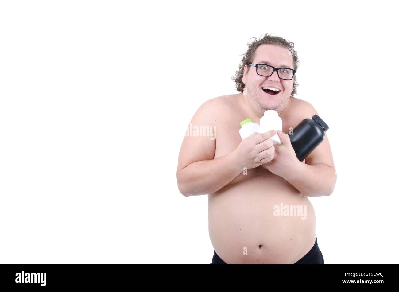Funny fat guy. Fitness and healthy lifestyle. White background Stock Photo  - Alamy