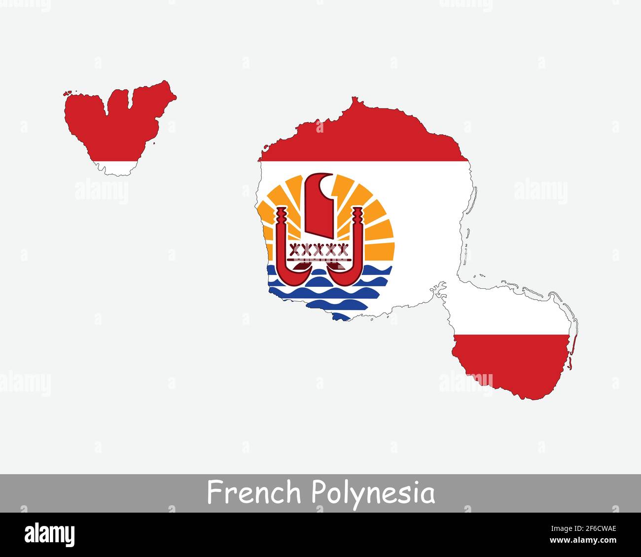 French Polynesia Map Flag. Map of French Polynesia with flag isolated on white background. Overseas country and collectivity of France. Vector illustr Stock Vector