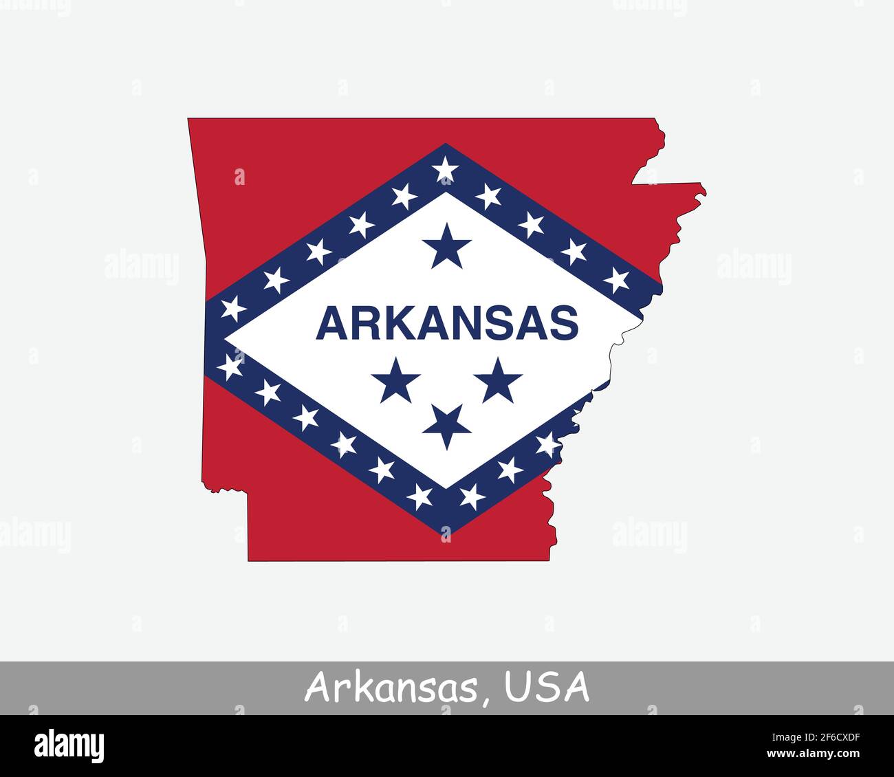 Arkansas Map Flag. Map of Arkansas, USA with the state flag of Arkansas isolated on white background. United States, America, American, United States Stock Vector
