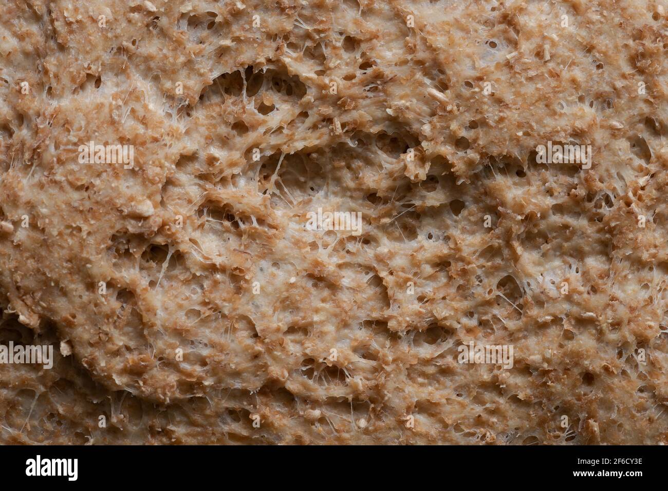 Wholemeal bread crust in stages of being hardened browned by the Maillard reaction with  sugars and amino acids from intense heat at bread surface Stock Photo