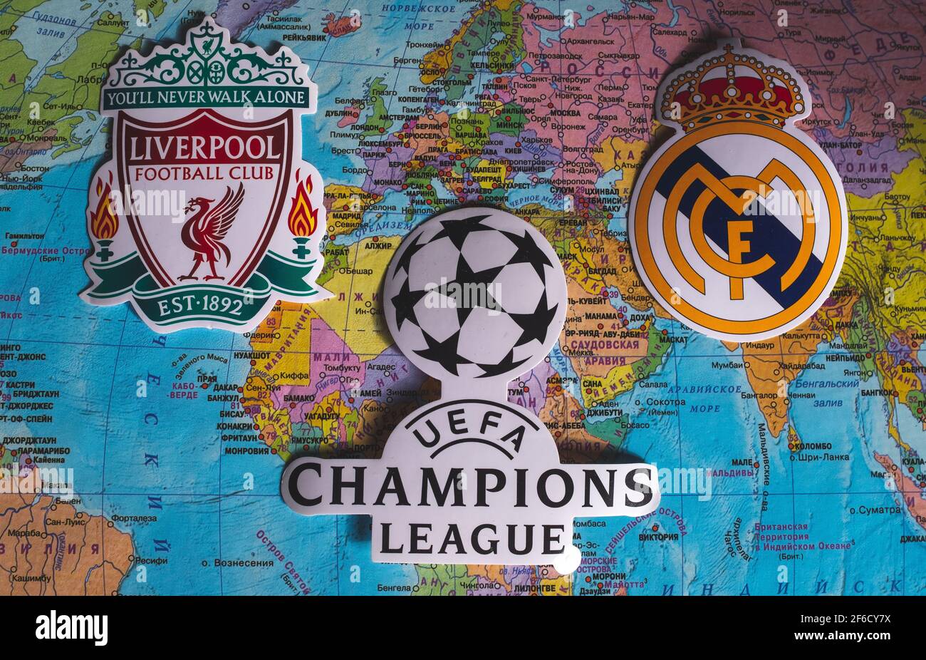 March 21, 2021, Istanbul, Turkey. The emblems of the participants in the quarter-finals of the UEFA Champions League 2020/2021 season Real Madrid CF a Stock Photo
