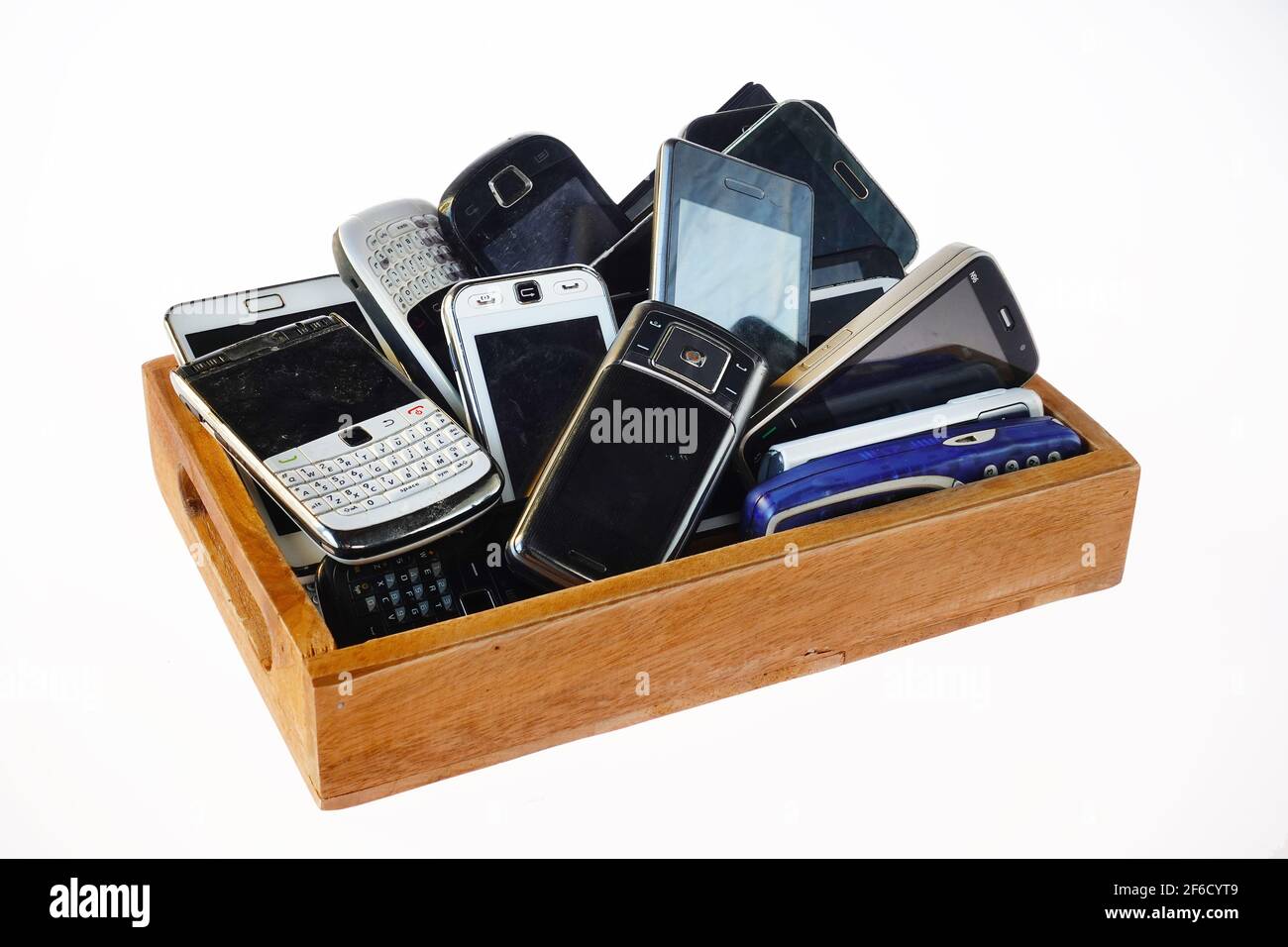 Collected Cell Phones in a tray Stock Photo