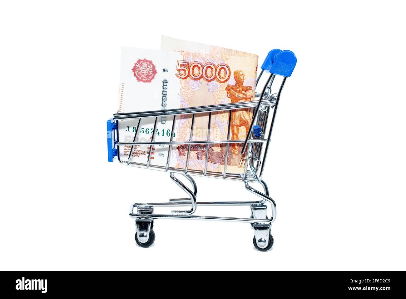 Shopping basket with Russian ruble notes, 5000 rubles in a cart Stock Photo