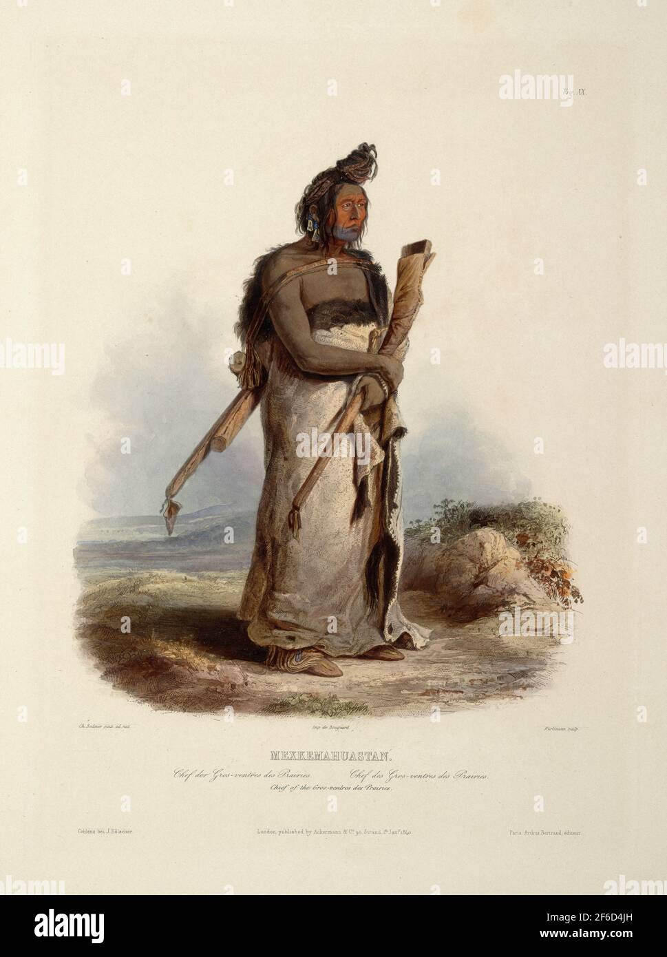 Karl Bodmer  - Mexkemahuastan Chief Gros Ventres Prairies Plate 20 Volume 1 Travels 1843 Stock Photo