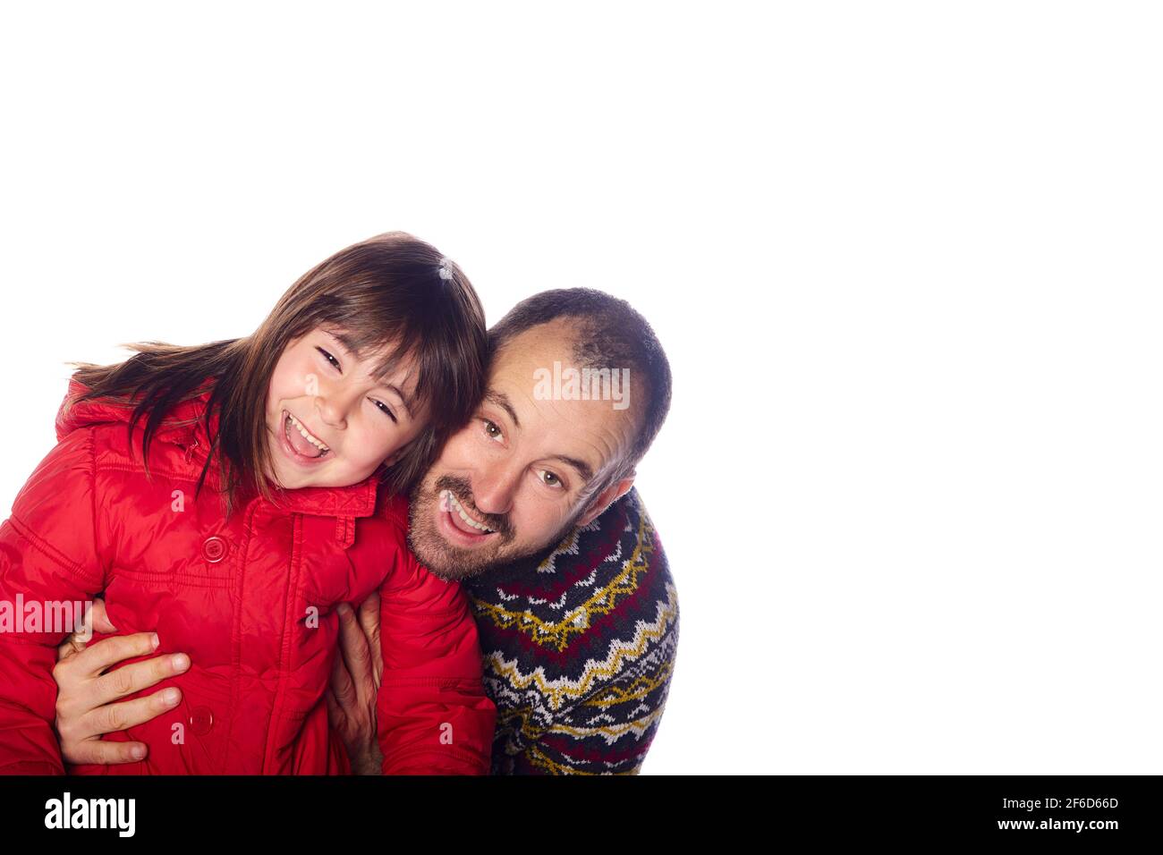 father and daugther happy and smiling with empty board. white background Stock Photo