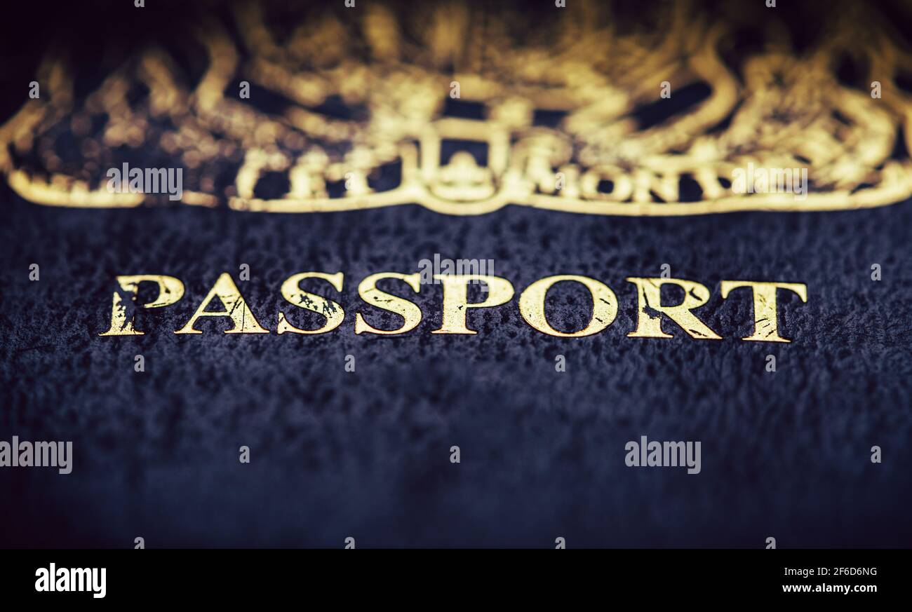 British passport cover page macro Stock Photo Alamy