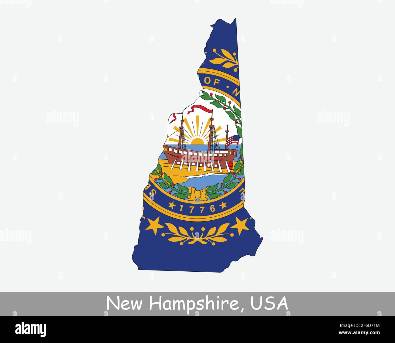 New Hampshire Map Flag. Map of NH, USA with the state flag isolated on white background. United States, America, American, United States of America, U Stock Vector