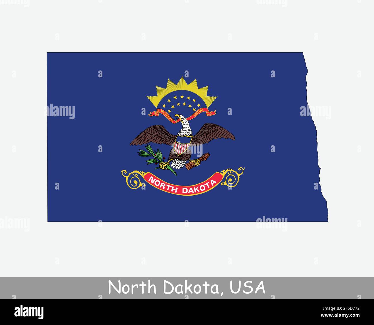 North Dakota Map Flag. Map of ND, USA with the state flag isolated on white background. United States, America, American, United States of America, US Stock Vector