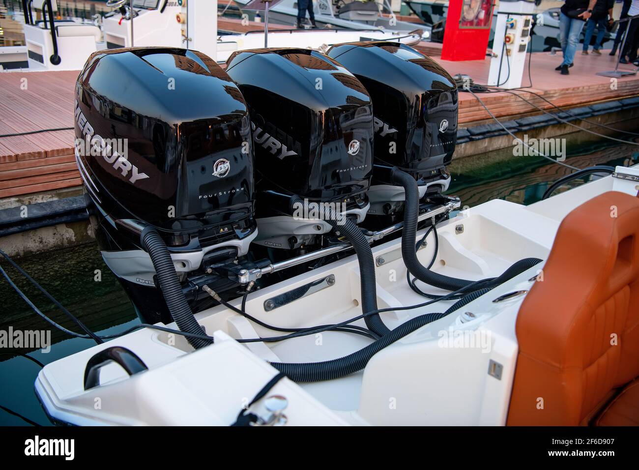 Powerful outboard motors Mercury Verado engine on a pleasure boat Stock