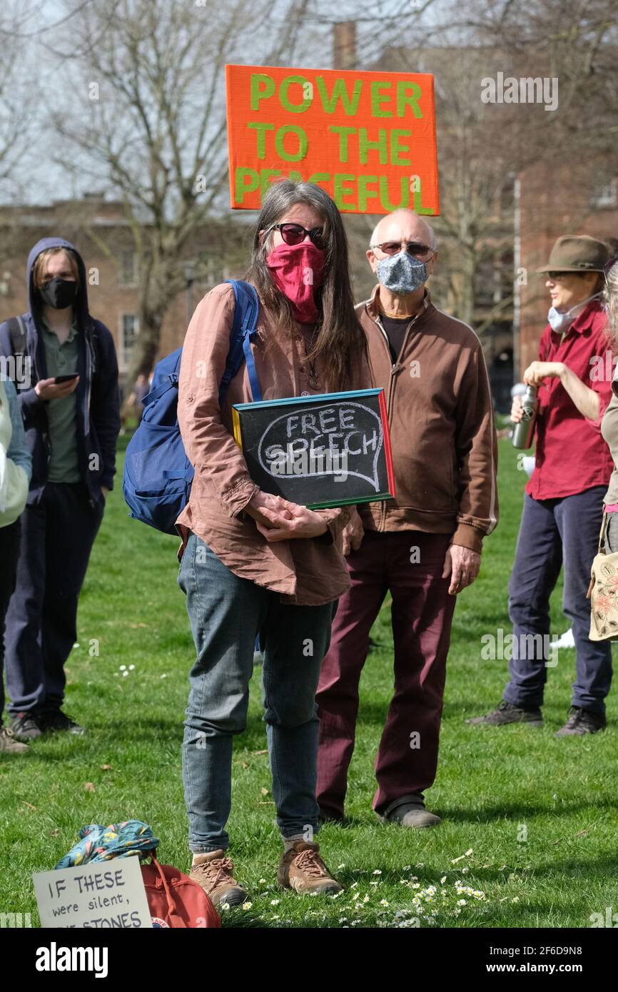 Hereford, Herefordshire, UK – Wednesday 31st March 2021 – Protesters demonstrate on the Cathedral Green against the new Police, Crime, Sentencing and Courts Bill ( PCSC ) which they feel will limit their rights to legal protest. Photo Steven May / Alamy Live News Stock Photo