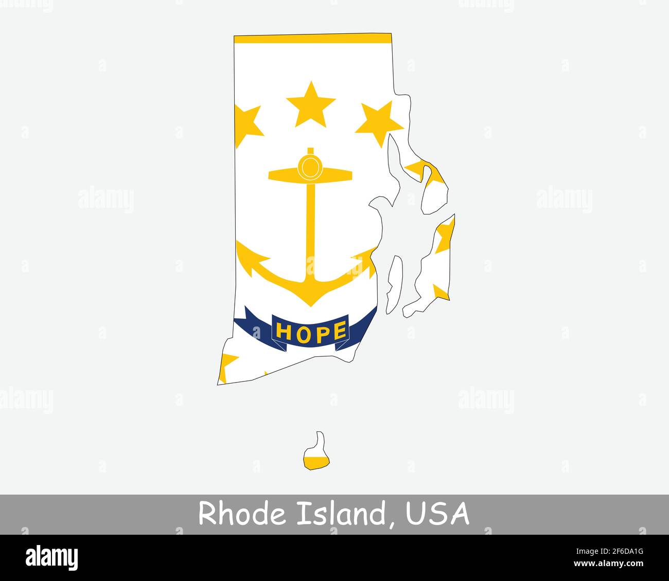 Rhode Island Map Flag. Map of RI, USA with the state flag isolated on a white background. United States, America, American, United States of America, Stock Vector