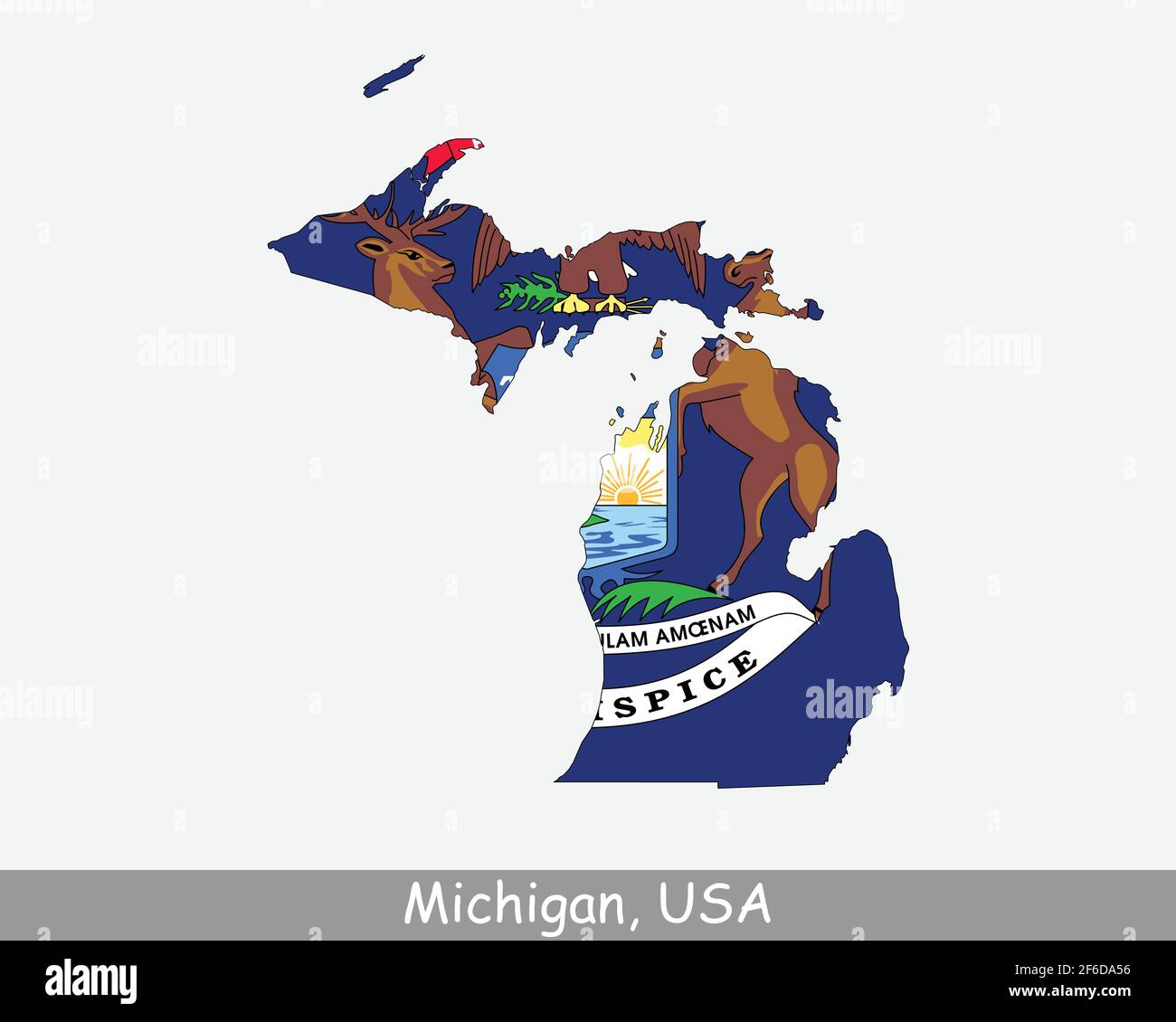 Michigan Map Flag. Map of MI, USA with the state flag isolated on white background. United States, America, American, United States of America, US Sta Stock Vector