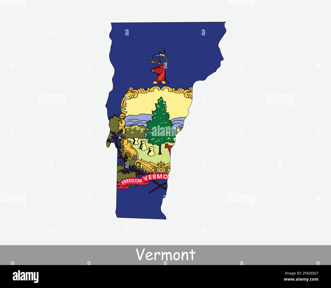 Vermont Map Flag. Map of VT, USA with the state flag isolated on a white background. United States, America, American, United States of America, US St Stock Vector